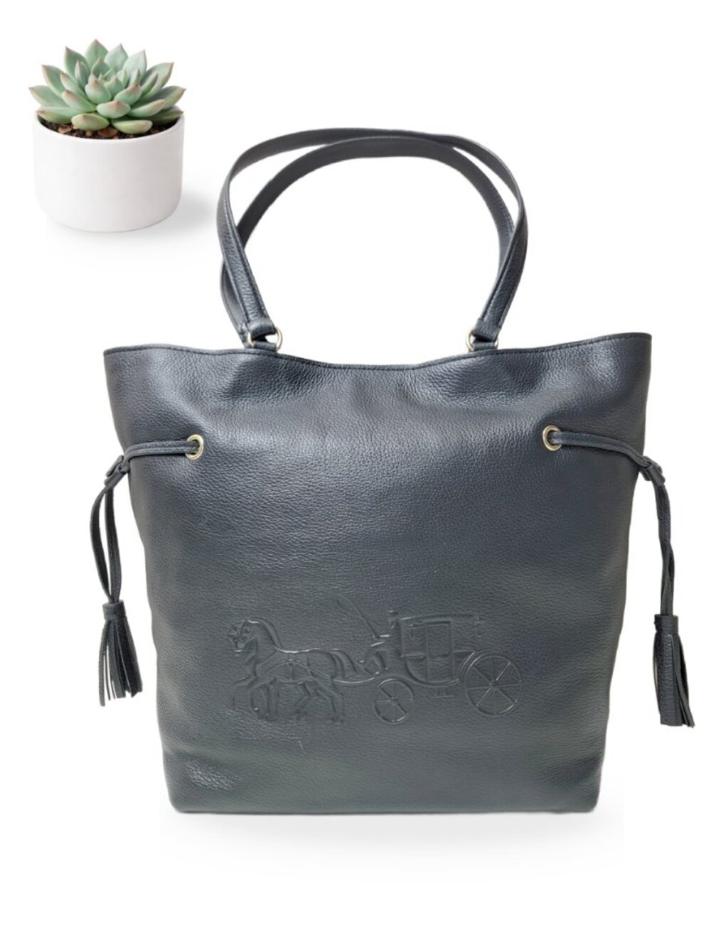 Coach Black Pebbled Leather Handbags Horse Carriage Embossed Tote Tassel Bag